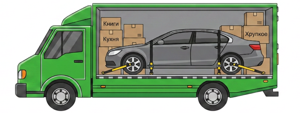 Легковой автомобиль закреплён ремнями в закрытом кузове грузовика рядом с коробками